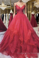 Burgundy v neck tulle long Semi Formal Prom Dresses tulle formal Dresses