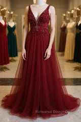 Burgundy v neck tulle sequin lace long Semi Formal Prom Dresses