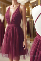 Burgundy v neck tulle short Semi Formal Prom Dresses burgundy homecoming Dresses