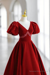 Burgundy V-Neck Velvet Long Formal Dress, A-Line Short Sleeve Evening Dress