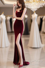 Burgundy Velvet Floor Length Mermaid Semi Formal Prom Dress, Velvet Bridesmaid Dresses