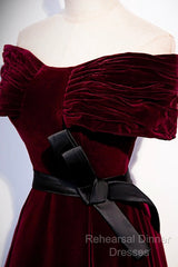 Burgundy Velvet Floor Length Semi Formal Prom Dress, Elegant Off The Shoulder Party Dress