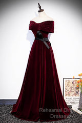 Burgundy Velvet Floor Length Semi Formal Prom Dress, Elegant Off The Shoulder Party Dress