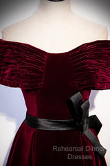 Burgundy Velvet Floor Length Semi Formal Prom Dress, Elegant Off The Shoulder Party Dress