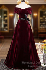 Burgundy Velvet Floor Length Semi Formal Prom Dress, Elegant Off The Shoulder Party Dress