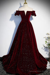 Burgundy Velvet Long Prom Dress, A-Line Off the Shoulder Evening Dress