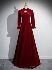 Burgundy Velvet Long Sleeve Prom Dress