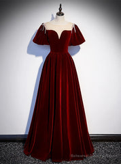Burgundy Velvet Puff Sleeve Beading Prom Dress