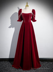 Burgundy Velvet Puff Sleeve Pearls Prom Dress