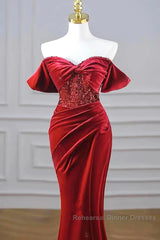 Burgundy Velvet Sequins Long Semi Formal Prom Dress, Mermaid Off The Shoulder Party Dress With Slit