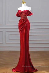 Burgundy Velvet Sequins Long Semi Formal Prom Dress, Mermaid Off The Shoulder Party Dress With Slit