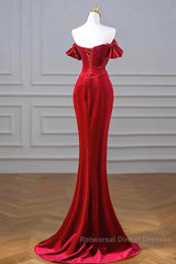 Burgundy Velvet Sequins Long Semi Formal Prom Dress, Mermaid Off The Shoulder Party Dress With Slit