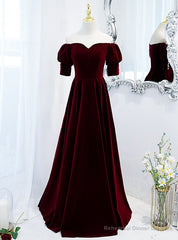 Burgundy Velvet Short Sleeve Long Prom Dress
