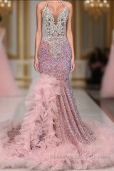 Pink Halter Mermaid Semi Formal Prom Dresses with Sequins Beadings and Tulle Ruffle