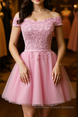 Cap Sleeves Short Pink Lace Semi Formal Prom Dresses, Short Pink Lace Formal Bridesmaid Dresses