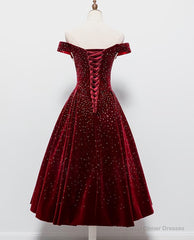 Beautiful Wine Red Tea Length Sweetheart Party Dress, Velvet Bridesmaid Dress, Prom Dress