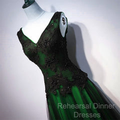 Chaming Black And Green Tulle V-Neckline Long Party Dress, Beautiful V-Neckline Semi Formal Prom Dresses