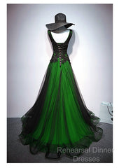 Chaming Black And Green Tulle V-Neckline Long Party Dress, Beautiful V-Neckline Semi Formal Prom Dresses
