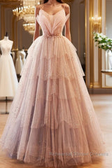 Champagne A-Line Beading Sequin Long Semi Formal Prom Dresses, Champagne Formal Dresses