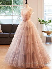 Champagne A-Line Beading Sequin Long Semi Formal Prom Dresses, Champagne Formal Dresses