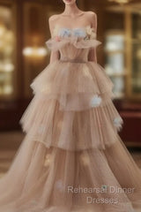 Champagne A-Line Off Shoulder Tulle Sequin Long Ball Dress Cute Layered Dress