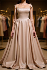 Champagne A-Line Satin Long Semi Formal Prom Dresses, Champagne Formal Evening Dresses