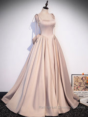 Champagne A-Line Satin Long Semi Formal Prom Dresses, Champagne Formal Evening Dresses