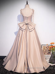 Champagne A-Line Satin Long Semi Formal Prom Dresses, Champagne Formal Evening Dresses