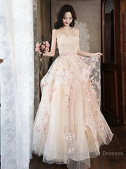 Champagne A-Line Tulle Sequins Long Semi Formal Prom Dress Embroidery Applique Formal Evening Dress
