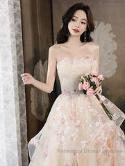 Champagne A-Line Tulle Sequins Long Semi Formal Prom Dress Embroidery Applique Formal Evening Dress