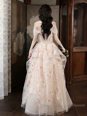 Champagne A-Line Tulle Sequins Long Semi Formal Prom Dress Embroidery Applique Formal Evening Dress