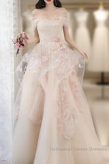 Champagne A-Line Tulle Sequins Long Semi Formal Prom Dress Embroidery Applique Formal Evening Dress
