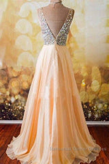 Champagne A-Line V Neck Chiffon Long Semi Formal Prom Dress, Formal Dresses