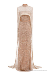 Grey Beading Prom Dresses Sweep Train High Neck Zipper Sleeveless Evening Dresses