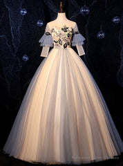 Champagne Blue Tulle Short Sleeve Backless Appliques Quinceanera Dress