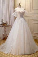 Champagne Floor Length Lace Long Prom Dress, Off the Shoulder Evening Dress