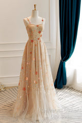 Champagne Floral Tulle Straps Sweetheart Wedding Party Dress, A-Line Tulle Long Semi Formal Prom Dress