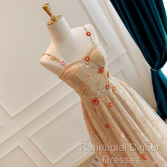 Champagne Floral Tulle Straps Sweetheart Wedding Party Dress, A-Line Tulle Long Semi Formal Prom Dress