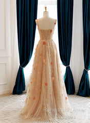 Champagne Floral Tulle Straps Sweetheart Wedding Party Dress, A-Line Tulle Long Semi Formal Prom Dress