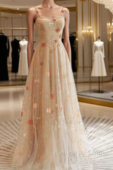 Champagne Floral Tulle Straps Sweetheart Wedding Party Dress, A-Line Tulle Long Semi Formal Prom Dress