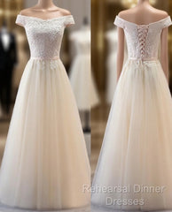 Champagne Lace Applique Off Shoulder Tulle Party Semi Formal Prom Dress