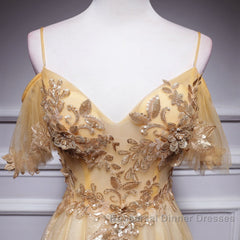 Champagne Lace Off Shoulder Long Party Dress , Cute Tulle Formal Dress Semi Formal Prom Dress