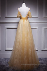 Champagne Lace Off Shoulder Long Party Dress , Cute Tulle Formal Dress Semi Formal Prom Dress