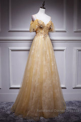 Champagne Lace Off Shoulder Long Party Dress , Cute Tulle Formal Dress Semi Formal Prom Dress