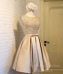 Champagne Lace Short Semi Formal Prom Dress, Cute Homecoming Dress