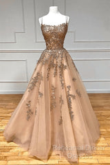 Champagne Lace Tulle Long Semi Formal Prom Dress Formal Evening Dress Ball Gown