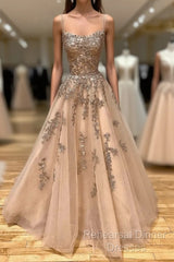 Champagne Lace Tulle Long Semi Formal Prom Dress Formal Evening Dress Ball Gown