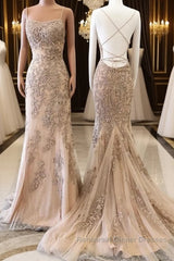 Champagne Mermaid Backless Lace Appliques Long Semi Formal Prom Dresses, Champagne Lace Formal Dresses, Champagne Graduation Evening Dresses