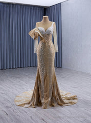 Champagne Mermaid Long Sleeve Beading Prom Dress