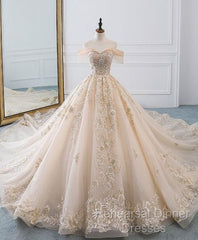 Champagne Off Shoulder Tulle Lace Long Wedding Dress, Wedding Gown Semi Formal Prom Dresses